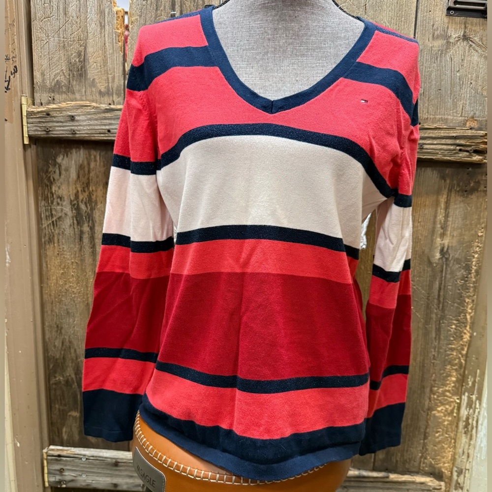 Tommy Hilfiger Women's Red and Navy Striped Long Sleeve Top